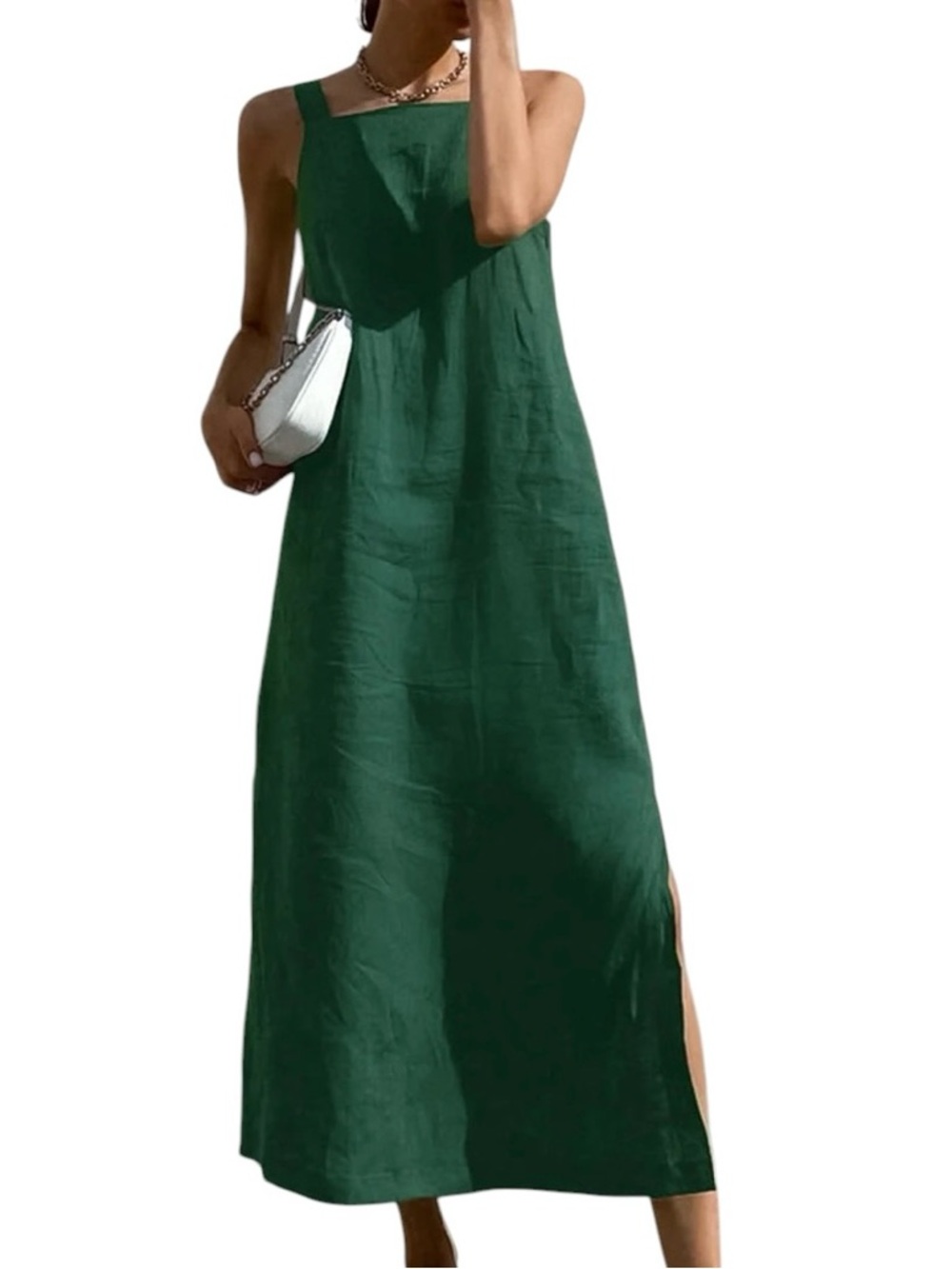 Commense 100% Cotton Green Sleeveless Square-Neck Maxi Dress Large NWT